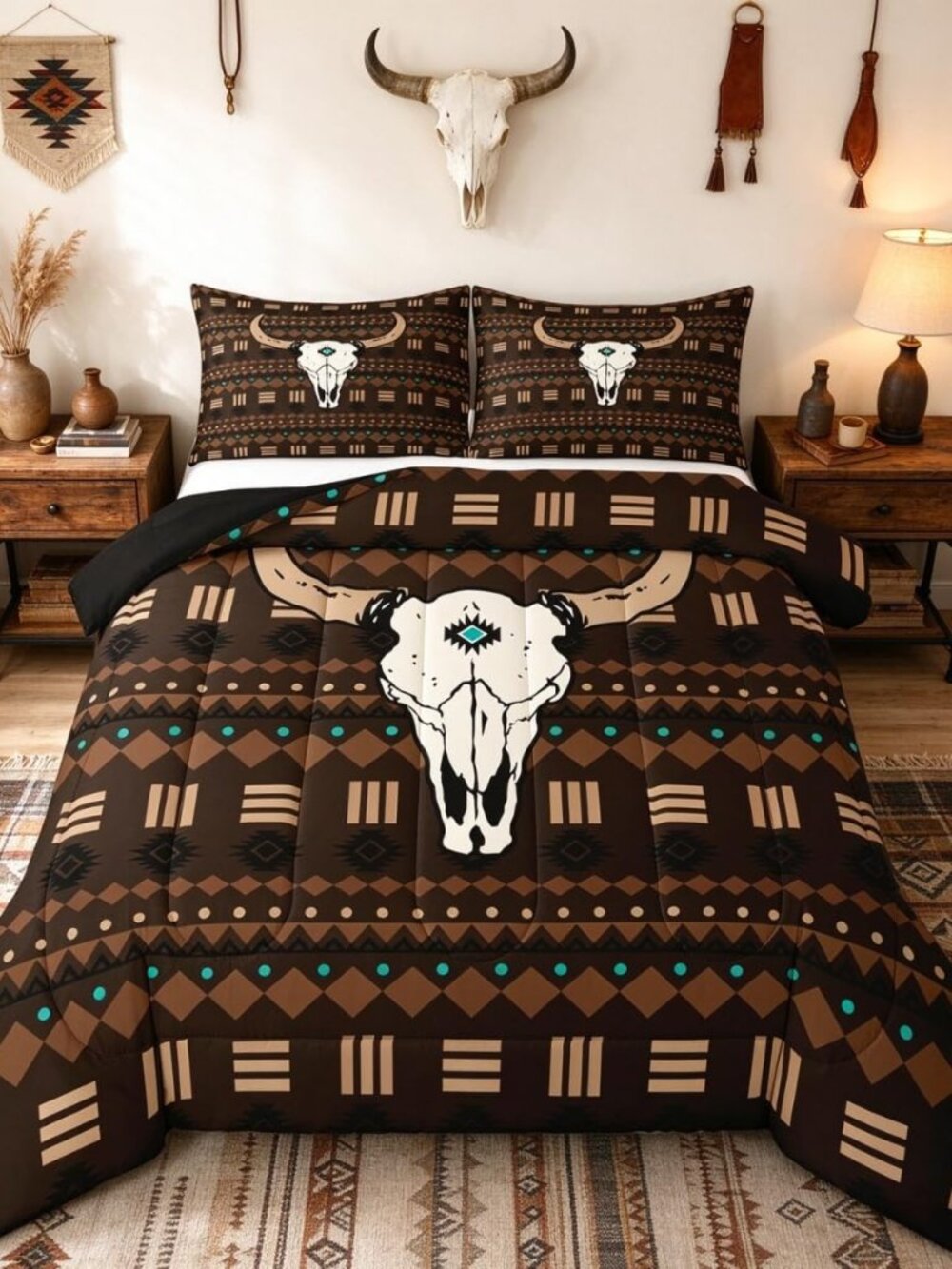 Bull Skull Queen Size Bedding Set, Boho Aztec Comforter Set